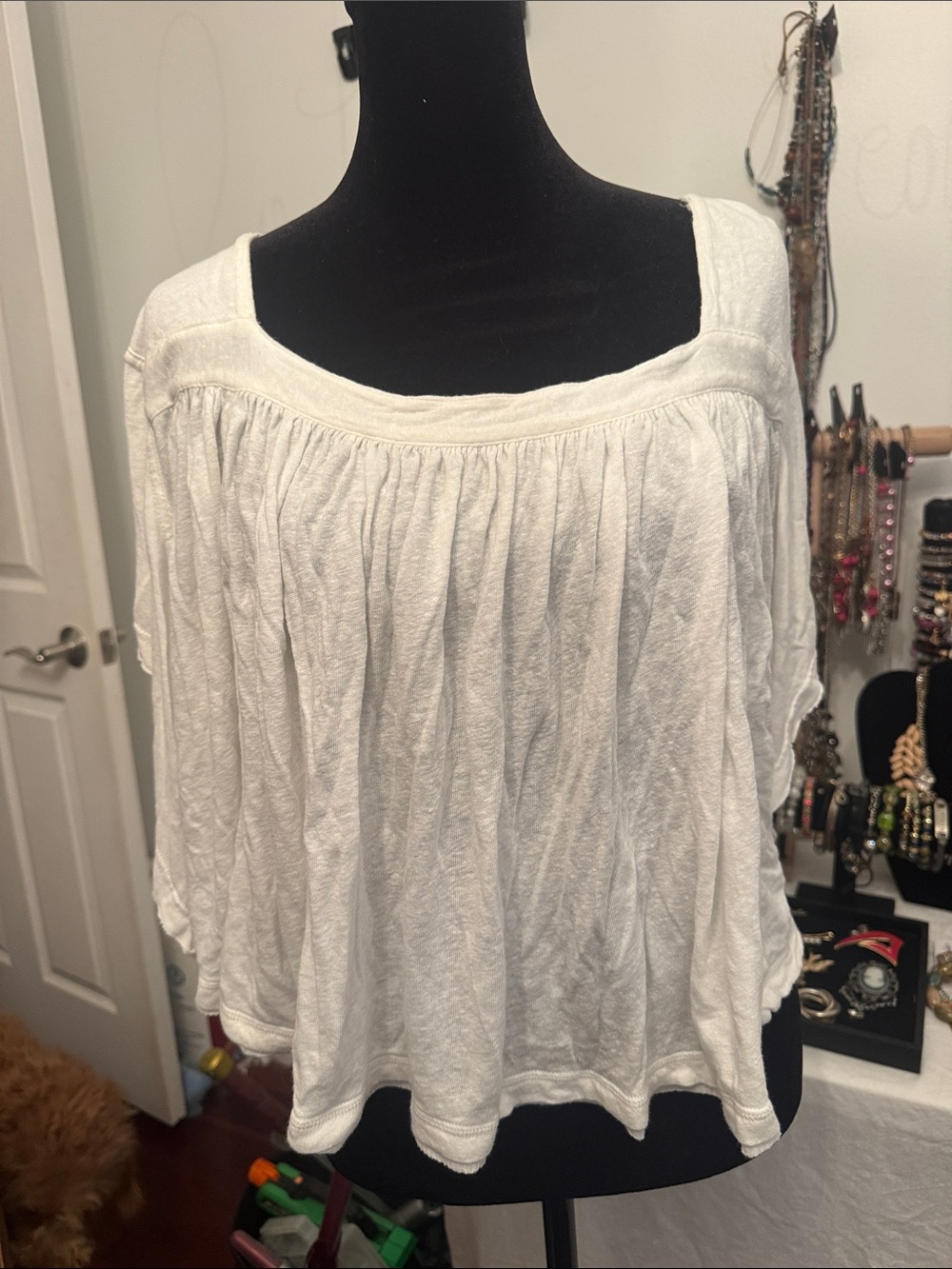 Free People White Gathered Square-Neck Tunic Top Size Medium
